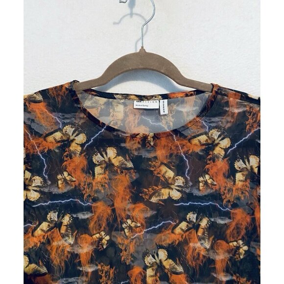 Asos Designs Top Womens 10 Flame Butterfly Print Mesh Cropped Long Sleeve Boho - Picture 3 of 7